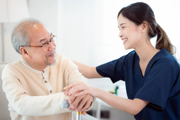 Asian Nurse Nursing Home Support Old Man Standing Walking Staff — Stock Photo, Image