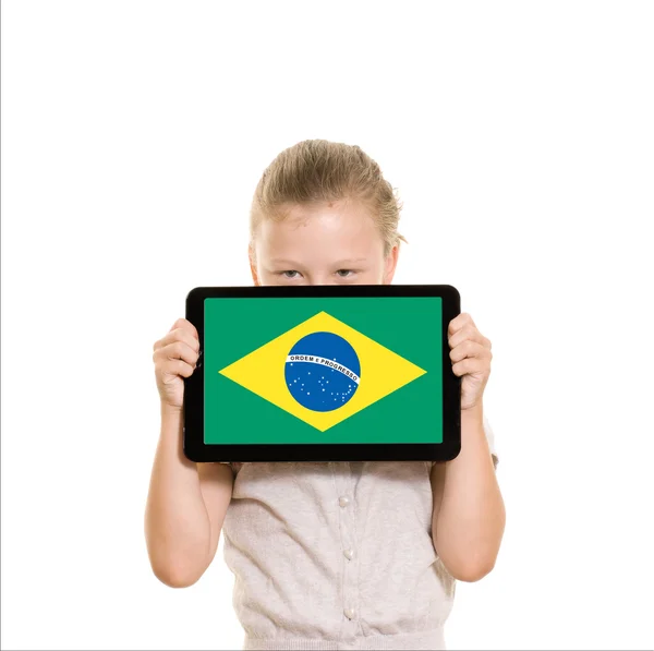 Bandera de Brasil en la computadora tableta Fotos de stock