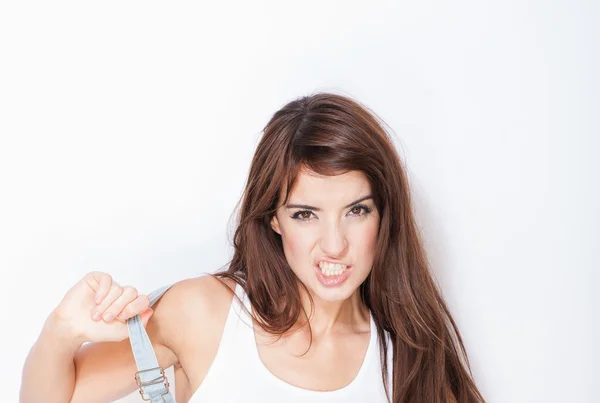 Beautiful woman with snarling expression — Stock Photo, Image