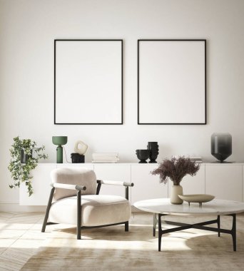 Modern iç plan, oturma odası, İskandinav tarzı, 3D çizim, 3D resim