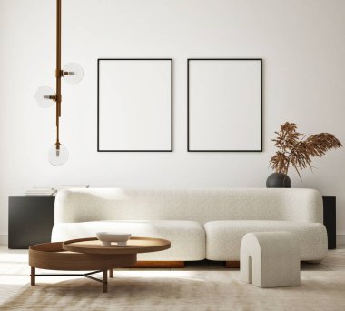 Modern iç plan, oturma odası, İskandinav tarzı, 3D çizim, 3D resim