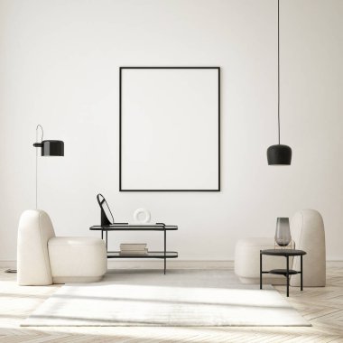 Modern iç plan, oturma odası, İskandinav tarzı, 3D çizim, 3D resim