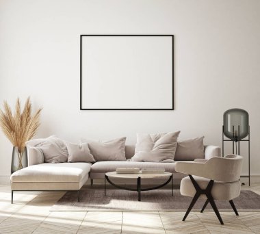 Modern iç plan, oturma odası, İskandinav tarzı, 3D çizim, 3D resim