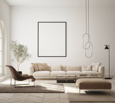 Modern iç plan, oturma odası, İskandinav tarzı, 3D çizim, 3D resim