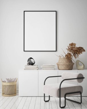 Modern iç plan, oturma odası, İskandinav tarzı, 3D çizim, 3D resim