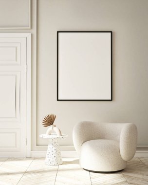 Modern iç plan, oturma odası, İskandinav tarzı, 3D çizim, 3D resim