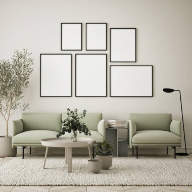 Modern iç plan, oturma odası, İskandinav tarzı, 3D çizim, 3D resim