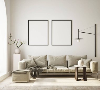 Modern iç plan, oturma odası, İskandinav tarzı, 3D çizim, 3D resim