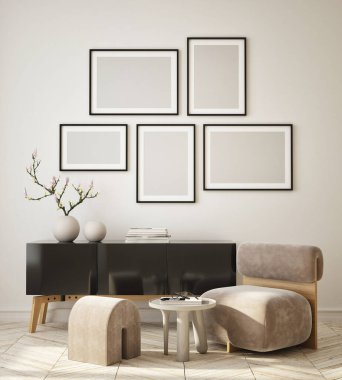 Modern iç plan, oturma odası, İskandinav tarzı, 3D çizim, 3D resim