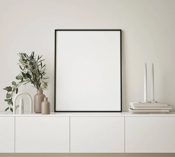 Mock Poster Frame Modern Interior Latar Belakang Ruang Tamu Skandinavia — Stok Foto