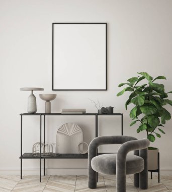 Modern iç plan, oturma odası, İskandinav tarzı, 3D çizim, 3D resim