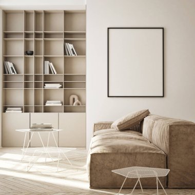 Modern iç plan, oturma odası, İskandinav tarzı, 3D çizim, 3D resim