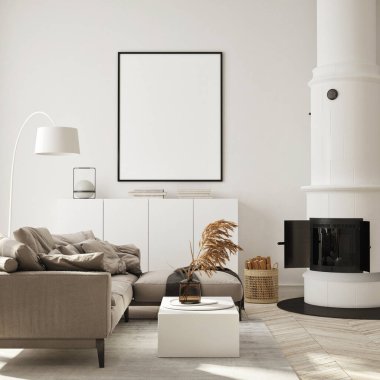 Modern iç plan, oturma odası, İskandinav tarzı, 3D çizim, 3D resim