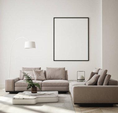 Modern iç plan, oturma odası, İskandinav tarzı, 3D çizim, 3D resim