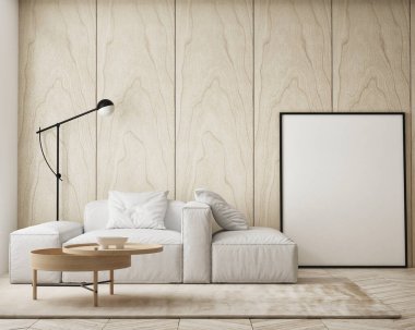 Modern iç plan, oturma odası, İskandinav tarzı, 3D çizim, 3D resim