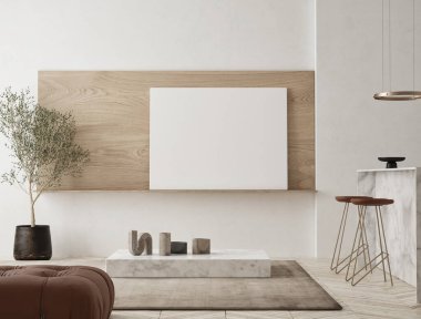 Modern iç plan, oturma odası, İskandinav tarzı, 3D çizim, 3D resim