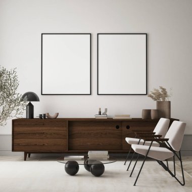 Modern iç plan, oturma odası, İskandinav tarzı, 3D çizim, 3D resim