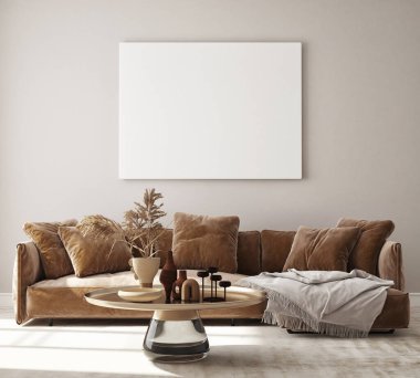 Modern iç plan, oturma odası, İskandinav tarzı, 3D çizim, 3D resim