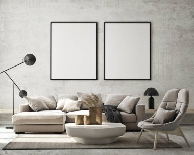 Modern iç plan, oturma odası, İskandinav tarzı, 3D çizim, 3D resim