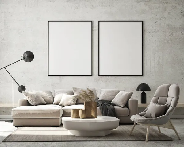 Modelový Rámeček Plakátu Moderním Interiéru Obývací Pokoj Skandinávský Styl Vykreslování — Stock fotografie