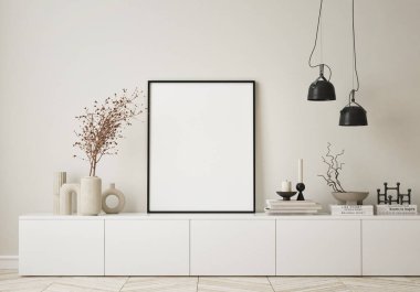 Modern iç plan, oturma odası, İskandinav tarzı, 3D çizim, 3D resim
