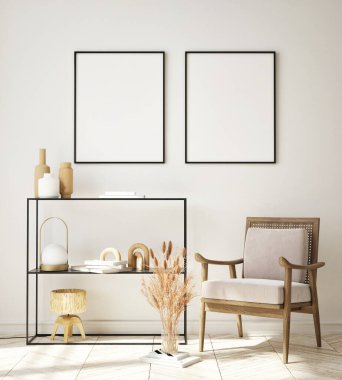 Modern iç plan, oturma odası, İskandinav tarzı, 3D çizim, 3D resim