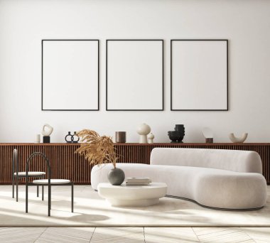 Modern iç plan, oturma odası, İskandinav tarzı, 3D çizim, 3D resim