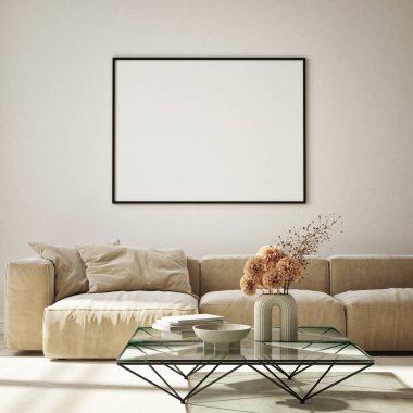 Modern iç plan, oturma odası, İskandinav tarzı, 3D çizim, 3D resim