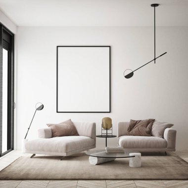 Modern iç plan, oturma odası, İskandinav tarzı, 3D çizim, 3D resim