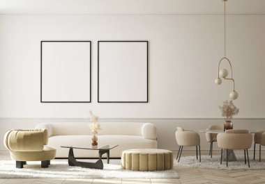 Modern iç plan, oturma odası, İskandinav tarzı, 3D çizim, 3D resim