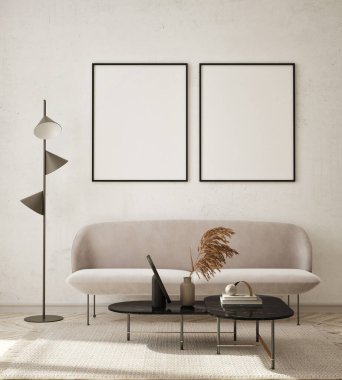 Modern iç plan, oturma odası, İskandinav tarzı, 3D çizim, 3D resim