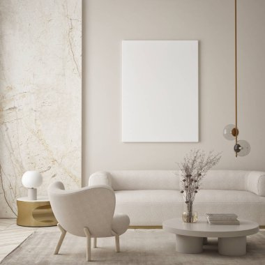 Modern iç plan, oturma odası, İskandinav tarzı, 3D çizim, 3D resim