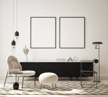 Modern iç plan, oturma odası, İskandinav tarzı, 3D çizim, 3D resim