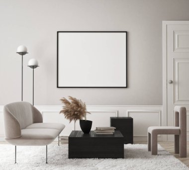 Modern iç plan, oturma odası, İskandinav tarzı, 3D çizim, 3D resim