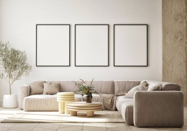 Modern iç plan, oturma odası, İskandinav tarzı, 3D çizim, 3D resim