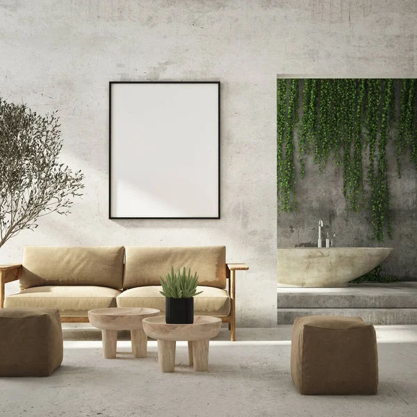 Mock Cadru Poster Fundal Interior Modern Living Stil Scandinav Randare — Fotografie, imagine de stoc