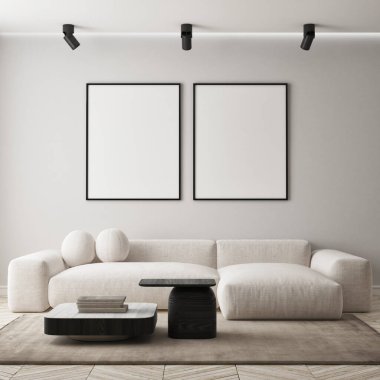 Modern iç plan, oturma odası, İskandinav tarzı, 3D çizim, 3D resim