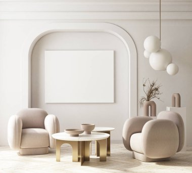 Modern iç plan, oturma odası, İskandinav tarzı, 3D çizim, 3D resim