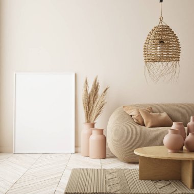 Modern iç plan, oturma odası, İskandinav tarzı, 3D çizim, 3D resim