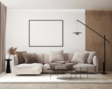 Modern iç plan, oturma odası, İskandinav tarzı, 3D çizim, 3D resim