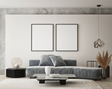 Modern iç plan, oturma odası, İskandinav tarzı, 3D çizim, 3D resim