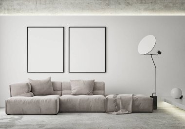 Modern iç plan, oturma odası, İskandinav tarzı, 3D çizim, 3D resim