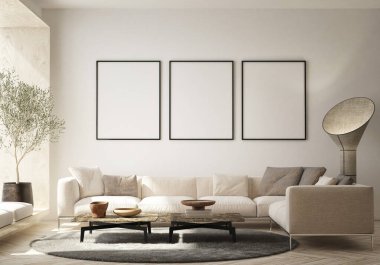 Modern iç plan, oturma odası, İskandinav tarzı, 3D çizim, 3D resim