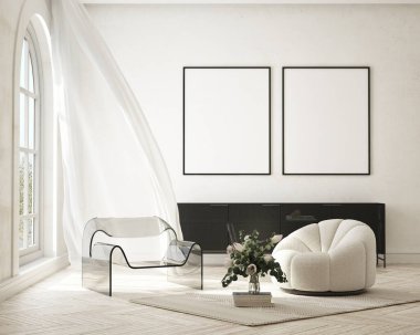 Modern iç plan, oturma odası, İskandinav tarzı, 3D çizim, 3D resim