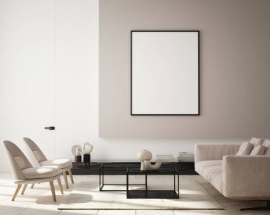 Modern iç plan, oturma odası, İskandinav tarzı, 3D çizim, 3D resim