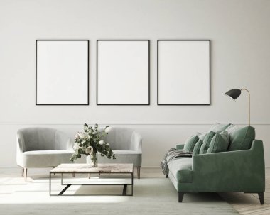 Modern iç plan, oturma odası, İskandinav tarzı, 3D çizim, 3D resim