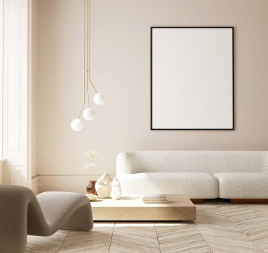 Modern iç plan, oturma odası, İskandinav tarzı, 3D çizim, 3D resim