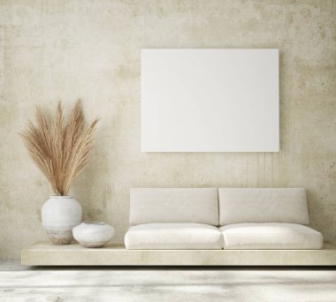 Modern iç plan, oturma odası, İskandinav tarzı, 3D çizim, 3D resim