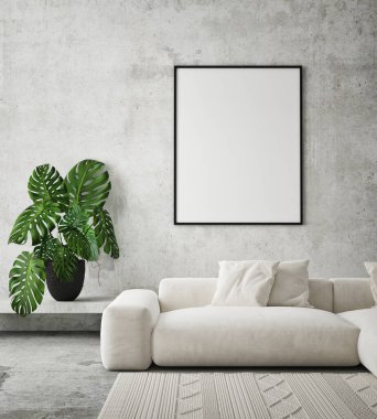 Modern iç plan, oturma odası, İskandinav tarzı, 3D çizim, 3D resim