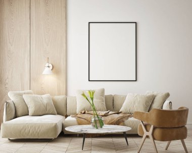 Modern iç plan, oturma odası, İskandinav tarzı, 3D çizim, 3D resim